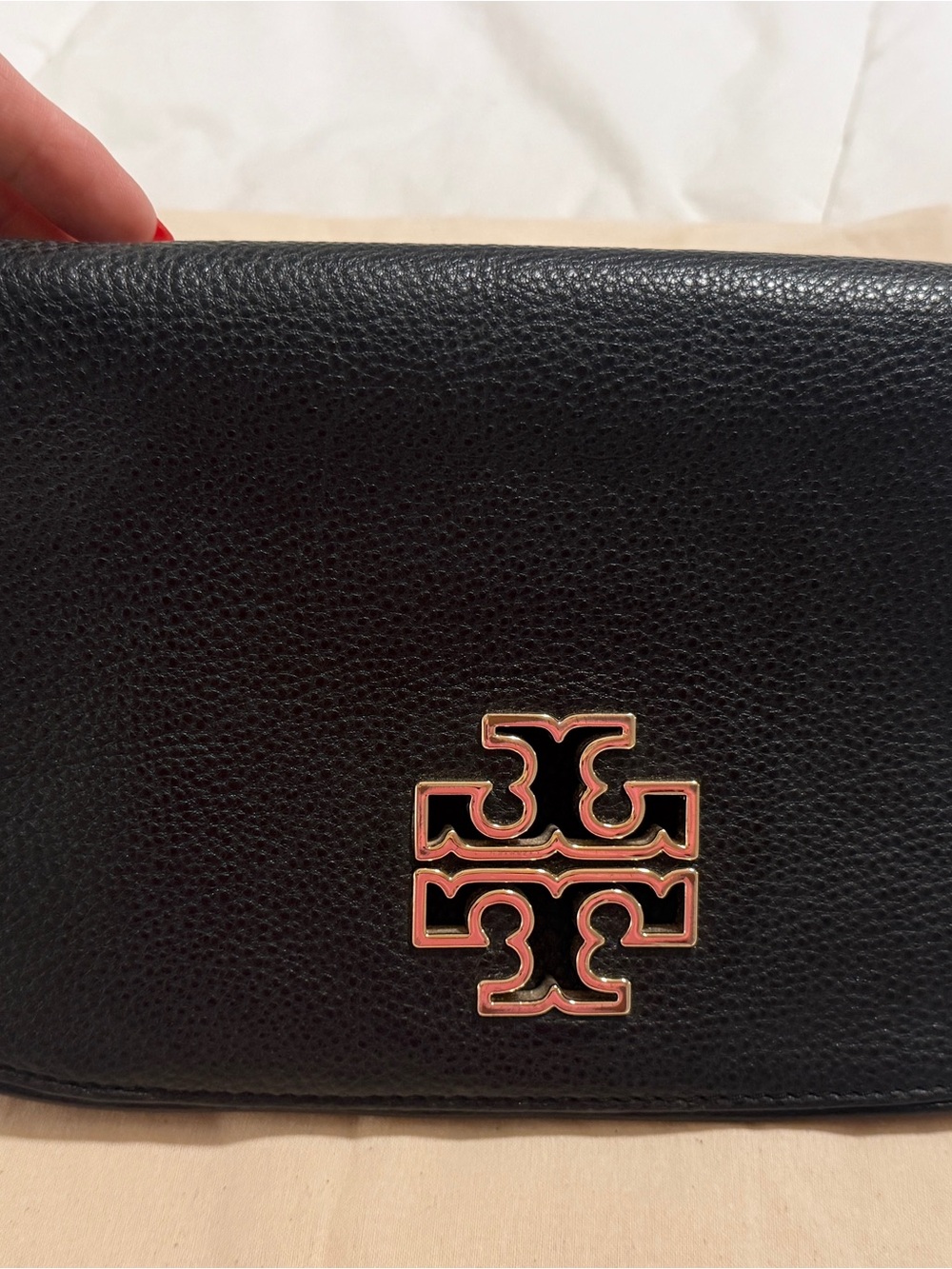 Tory Burch Black Pebbled Leather crossbody with Gold Logo